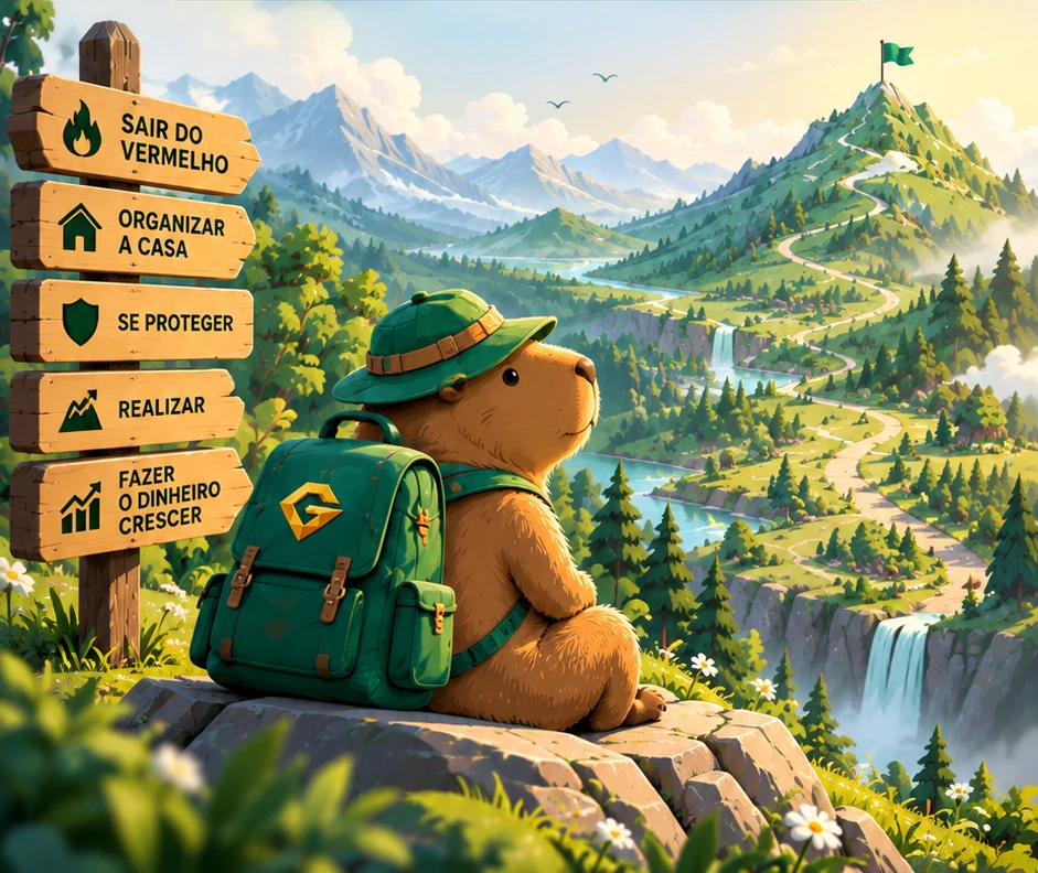 Uma capivara de chapéu e mochila verde, sentada numa pedra, olha uma trilha que sobe a montanha até uma bandeira. Ao lado, placas de madeira apontam o caminho: Sair do vermelho, Organizar a casa, Se proteger, Realizar, Fazer o dinheiro crescer.